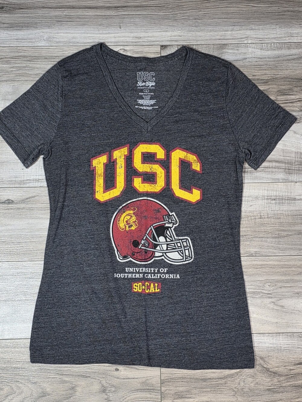 USC Herstyle Women's Charcoal V-Neck USC Helmet Graphic Tee, SoCal • Large NCAA